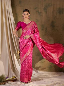 Suha - Womens Traditional Rani Pink Woven Tassels Saree with Unstitched Blouse