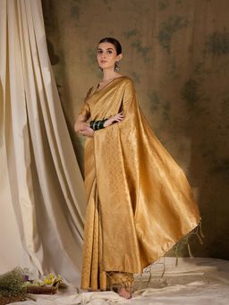 Suha - Womens Traditional Gold Woven Tassels Saree with Unstitched Blouse