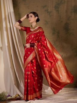 Suha - Womens Traditional Red Woven Saree with Unstitched Blouse