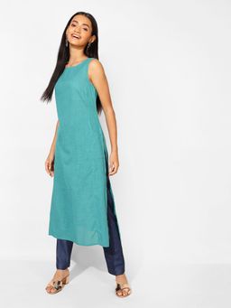 Fabindia - Turquoise Cotton Boat Neck Slim Fit Kurta