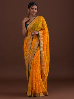 Koskii - Yellow Printed Georgette Designer Saree With Unstitched Blouse