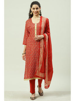 Biba - Red Cotton Unstitched Suit (Set of 3)