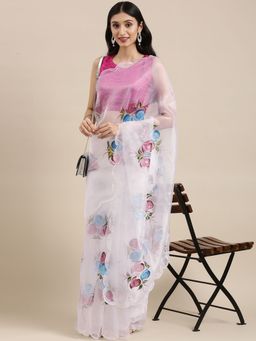 Vastranand - Solid Organza Party Wear Saree With Hand Paint Flower Butta- White with Unstitched Blouse