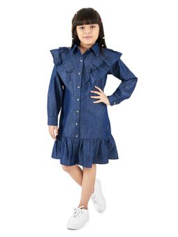 Olele - Victoria Ruffle Denim Solid Long Sleeves Dresses - Blue