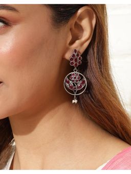 Fabindia - Women Silver Plated Pink Stone Drop Earrings