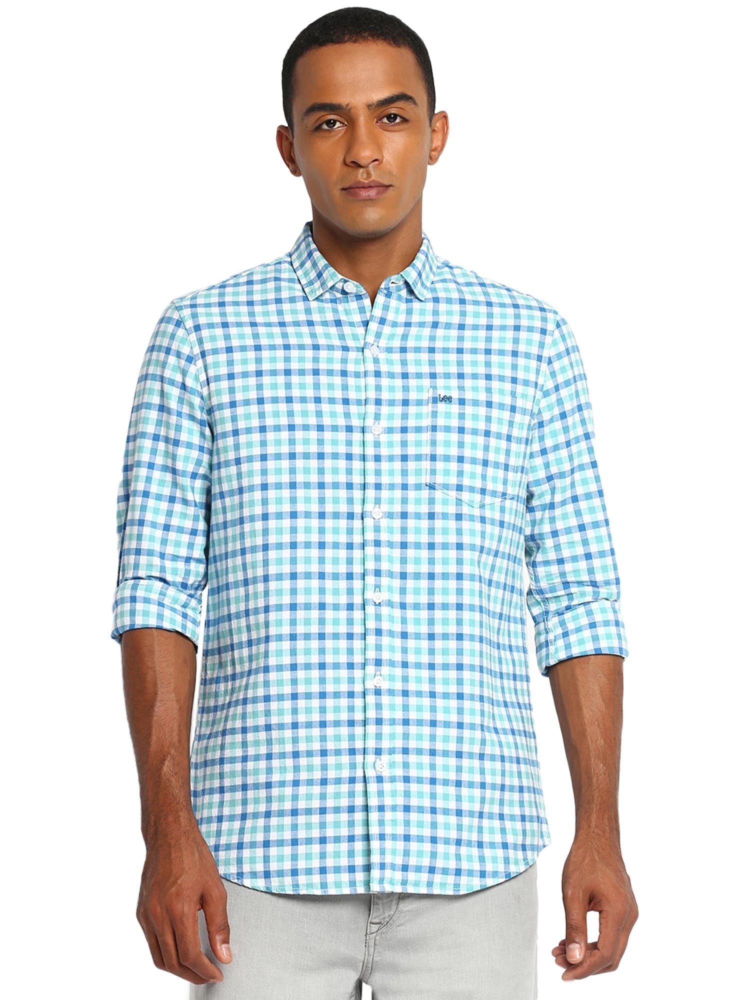 Buy Lee Men Turqouise Checked Slim fit 