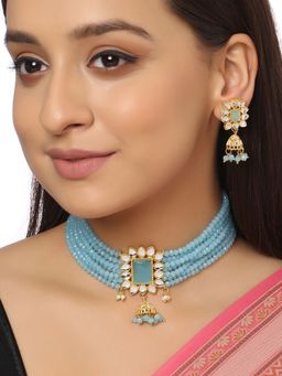 VIRAASI - Blue Kundan Studded Choker Necklace with Earrings for Women and Girls (Set of 2)
