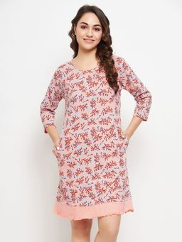Clovia - Print Short Nightdress In Peach - 100 Percent Cotton