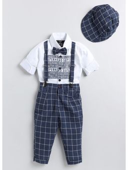 Little Collars - Boys Checks Blue Shirt with Suspender Trouser with Cap Bow (Set of 5)