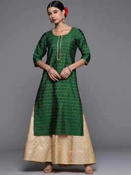 Libas - Green Silk Blend Printed Straight Kurta