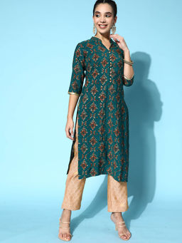 Libas - Green Printed Silk Blend Straight Kurta