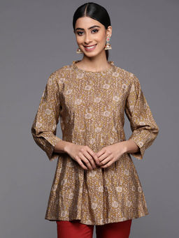 Libas - Mustard Silk Blend Floral Printed Flared Kurti