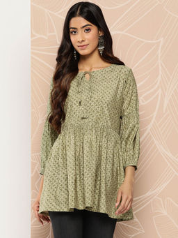 Libas - Olive Silk Blend Printed Three Fourth Sleeve Flared Kurti