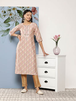 Libas - Pink Silk Blend Printed Embroidered Yoke Design Straight Kurta