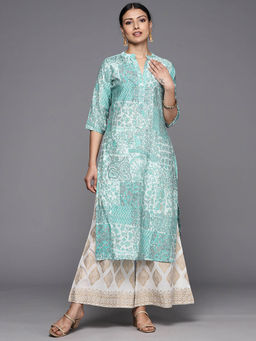 Libas - Sea Green Silk Blend Floral Printed Straight Kurta