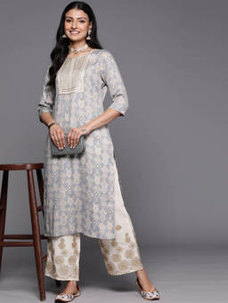 Libas - Grey Viscose Rayon Zari Embroidered Ethnic Printed Straight Kurta