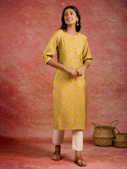 Libas - Yellow Silk Blend Floral Printed with One Sided Pocket Straight Kurta