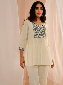 Libas - Off White Cotton Yoke Design A-Line Kurti