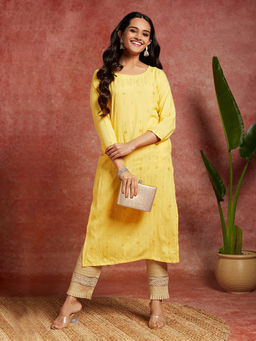 Libas - Yellow Viscose Rayon Embroidered Straight Kurta