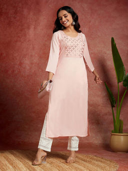 Libas - Peach Viscose Rayon Embroidered Straight Kurta