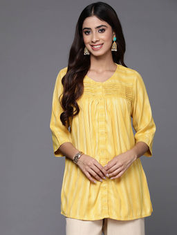 Libas - Women Stripes Printed Yellow Viscose Rayon Kurti