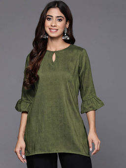 Libas - Women Woven Stripes Olive Silk Blend Kurti