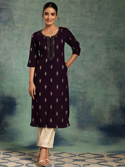 Libas - Wine Viscose Rayon Straight Kurta with One Side Pocket