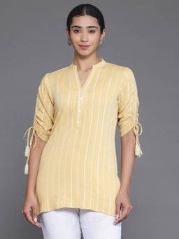 Libas - Yellow Cotton Blend Stripes Kurti