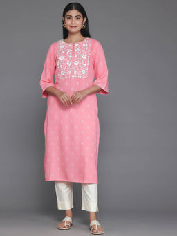 Libas - Pink Embroidered Yoke Woven Design Straight Viscose Rayon Kurta