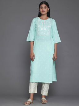 Libas - Light Blue Embroidered Yoke Woven Design Straight Viscose Rayon Kurta