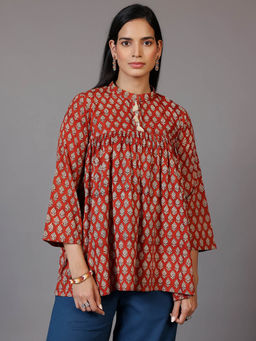Libas - Rust Floral Printed Pleated Cotton Kurti with Tassels