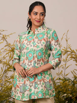 Libas - Cream Floral Printed Silk Blend A-Line Shirt Style Kurti