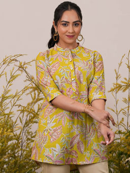Libas - Yellow Printed Silk Blend A-Line Kurti