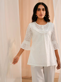 Libas - Women White Schiffli Work Pure Cotton Lace Work Kurti