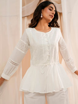 Libas - Women White Schiffli Work Pure Cotton Kurti