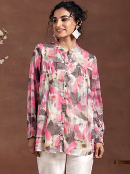Libas - Pink Floral Printed Front Open Kurti