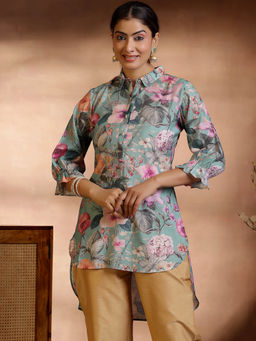 Libas - Sea Green Floral Printed Kurti with Extended Back