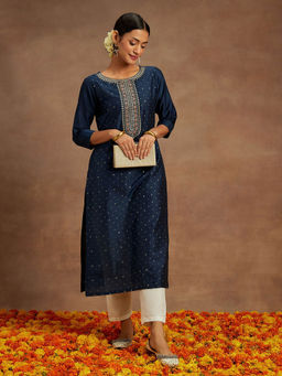 Libas - Navy Blue Silk Blend Embroidered Straight Kurta