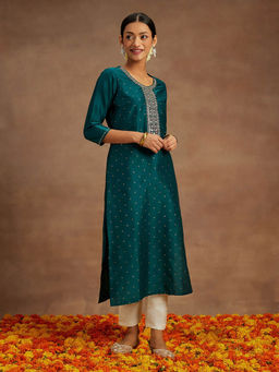 Libas - Teal Green Silk Blend Embroidered Straight Kurta