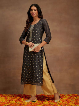 Libas - Grey Chanderi Silk Woven Design with Zari Work Straight Kurta