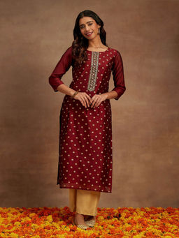 Libas - Maroon Chanderi Silk Woven Design with Zari Work Straight Kurta