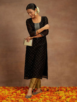 Libas - Black Chanderi Silk Woven Design with Zari Work Straight Kurta