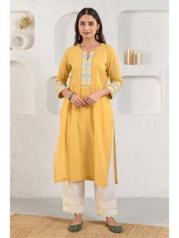Prakriti Jaipur - Yellow Embroidered Dobby Kurta