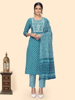 Vbuyz - Women Print & Embroidered Straight Rayon Blue Kurta Pant with Dupatta (Set of 3)