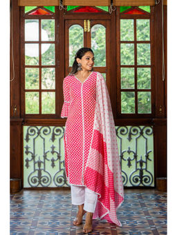 WEAVLLITE - Pink Silk Blend Schiffli Embroidery Kurta (Set of 3)