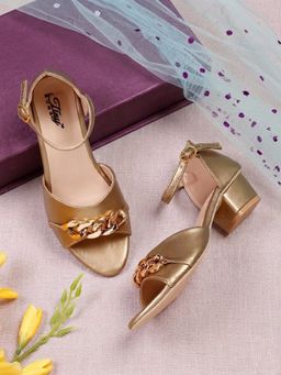Tiny Bugs - Gold Girls Chain Embellished Party Wear Block Heels