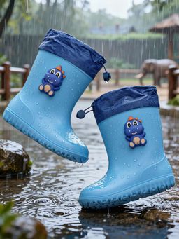 Yellow Bee - Blue Playful Rain Boots with Dinosaur Charm