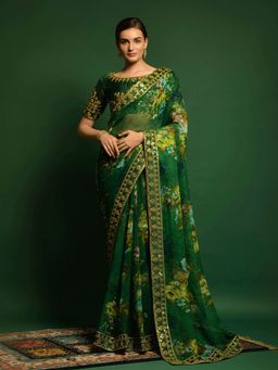 Odette - Exceptional Green Printed Georgette Saree with Unstitched Blouse