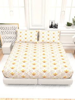 the White Moss - Clay Printed 100% Pure Cotton Queen Bedsheet with 2 Pillow Covers Yellow