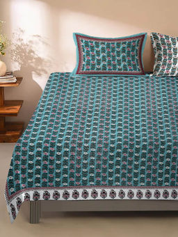 Rajasthan Decor - Blue Floral Print 180 TC King Size Bed Sheet with 2 Pillow Covers